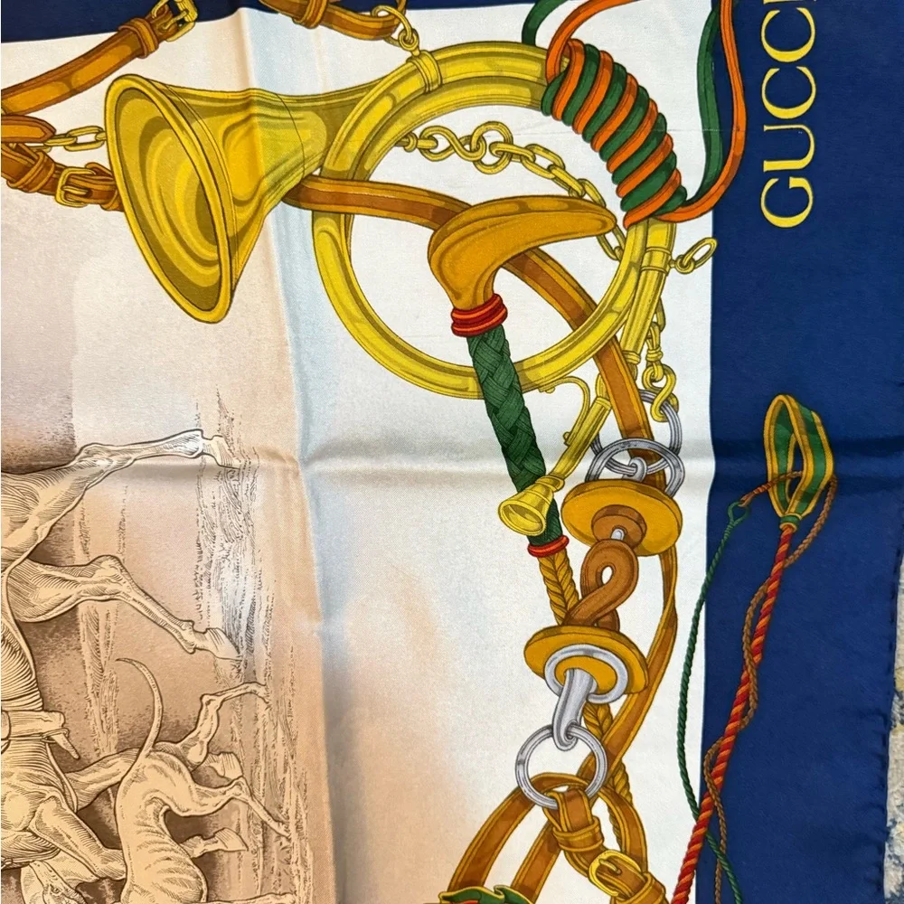 Gucci Blue and White Equestrian Scarf Vintage